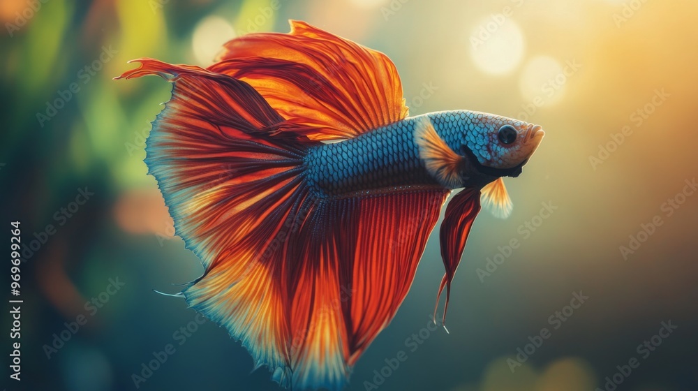 Poster High-resolution close-up of a Betta fish with a dramatic display of its flowing fins and vivid colors, in a serene aquarium setting with natural light.