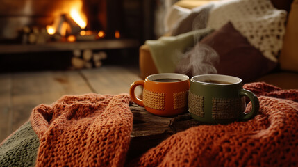 Cozy mugs and blankets in fall colors, including Burnt Orange, Olive Green, and Rust Red. Perfect for autumn scenes with rustic charm and seasonal warmth.