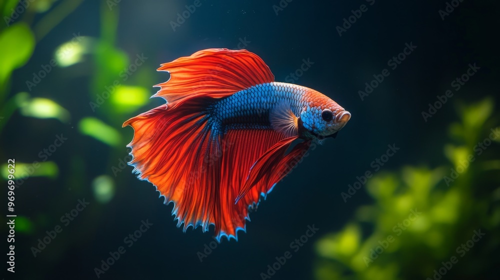 Poster High-resolution close-up of a Betta fish with a striking color contrast against a minimalist, dark-colored aquarium background that highlights its beauty.