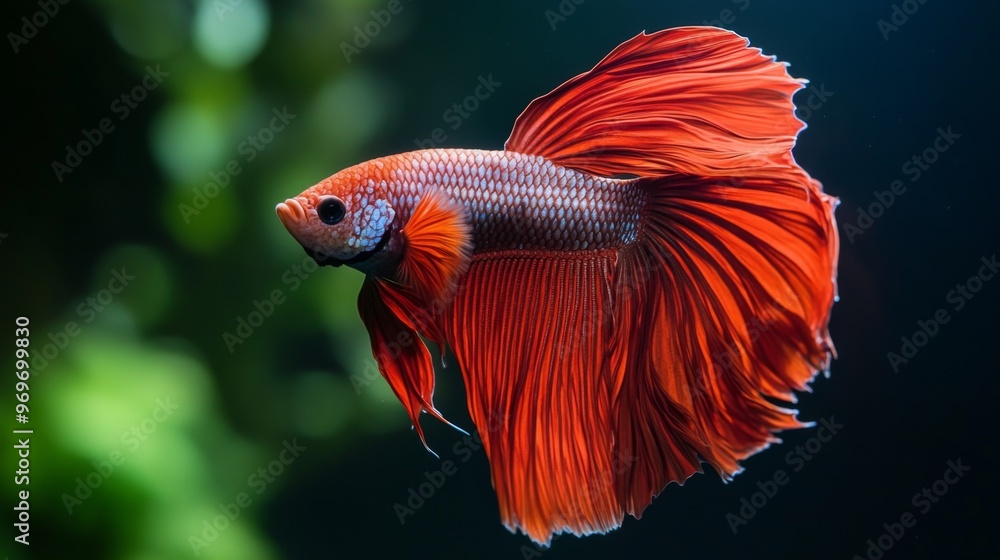 Poster high-resolution close-up of a betta fish with a striking color contrast against a minimalist, dark-c