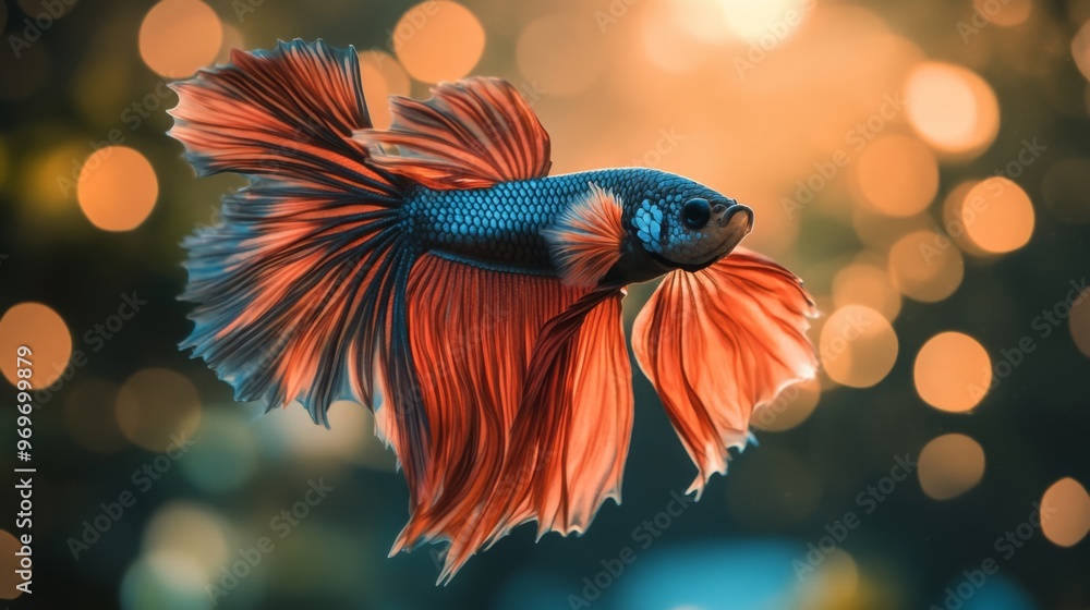 Poster High-resolution close-up of a Betta fish with a dramatic display of its flowing fins and vivid colors, in a serene aquarium setting with natural light.