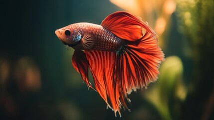 Obraz premium High-resolution close-up of a Betta fish with a striking color contrast against a minimalist, dark-colored aquarium background that highlights its beauty.