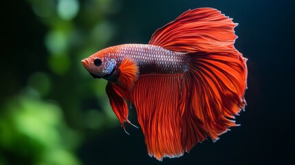 Fototapeta premium High-resolution close-up of a Betta fish with a striking color contrast against a minimalist, dark-colored aquarium background that highlights its beauty.