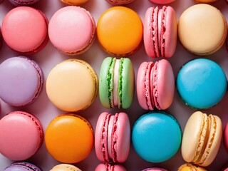 Obraz premium Colorful assortment of macarons arranged neatly on a white surface, showcasing various flavors and vibrant colors during daytime