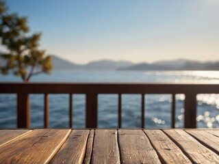 Fototapeta premium Scenic coastal view from a wooden terrace overlooking the sparkling water during a sunny morning.