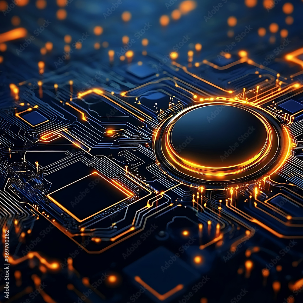 Aufkleber digital button, circuit board with glowing gold connection, data flow, digital connectivity, backgro