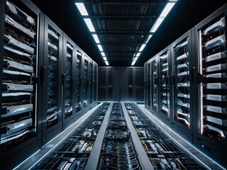 Modern data center with advanced cooling and organized cables.