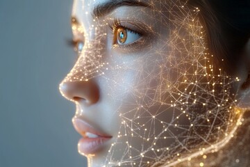 Obraz premium Entropic wave synaptic transmission neuromodulation membrane potential and quantum tunneling side profile of a woman with illuminated neural network overlaid on her skin representing thought and ai