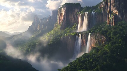Fototapeta premium A breathtaking view of Angel Falls cascading down rocky cliffs surrounded by lush green rainforest, with soft morning light illuminating the scene
