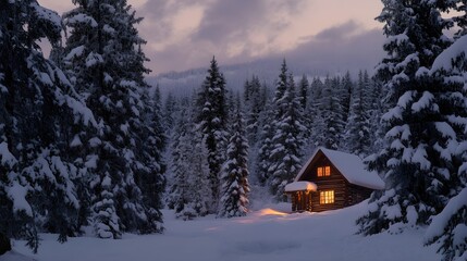 Fototapeta premium A cozy cabin nestled among tall pine trees, surrounded by a blanket of fresh snow