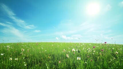 A vast green field stretching under a clear blue sky, dotted with wildflowers and a gentle breeze rustling through the grass