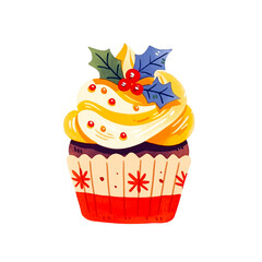 Watercolor Christmas Cupcake, transparent PNG.