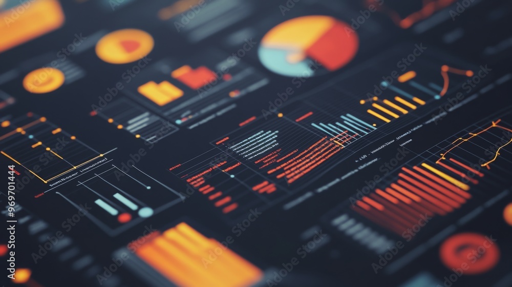 Poster high-resolution close-up of a complex infographic with charts, icons, and data visualizations, empha