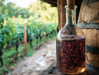 Fermenting wine in glass carboy showcases bubbling liquid, surrounded by lush vineyards. rustic setting evokes sense of tradition and craftsmanship in winemaking