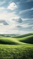 Obraz premium A panoramic view of a serene grass field with rolling hills, ideal for nature-themed projects