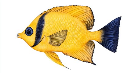 A vibrant yellow fish with distinct blue accents swimming gracefully in the ocean, showcasing its beautiful fins and colors.