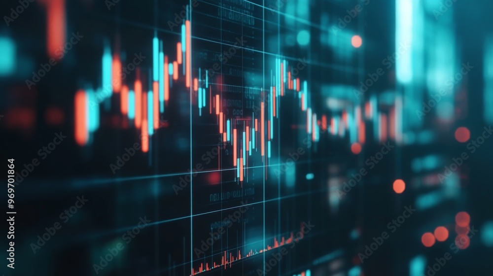 Poster high-resolution close-up of a digital financial graph with candlestick patterns, emphasizing the vol