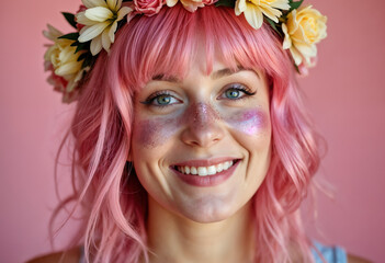 Naklejka premium A cheerful woman with pink hair and a floral crown smiles warmly. Her face is adorned with glitter under her eyes, creating a whimsical and joyful atmosphere against a pink backdrop.