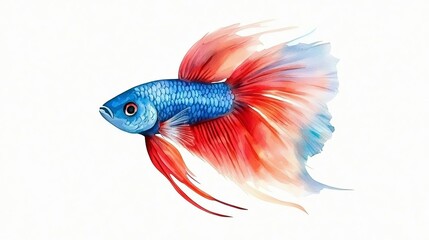 Fototapeta premium Colorful betta fish with flowing fins on a white background, showcasing vibrant blue and red hues in a unique swimming pose.