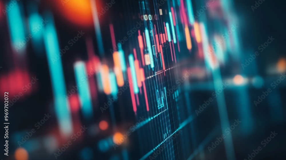 Fototapete high-resolution close-up of a digital financial graph with candlestick patterns, emphasizing the vol