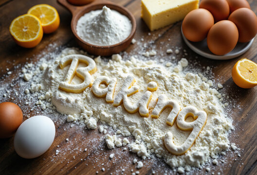Creative baking concept with ingredients like flour, eggs, and oranges arranged around the word 'Baking' made from dough on a rustic wooden table.