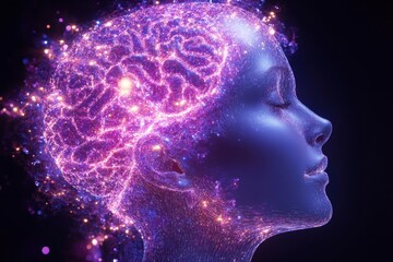 Obraz premium Synaptic formation membrane potential neural coupling cognitive mapping and entropic wave surreal floating head illuminated by glowing neural patterns and light particles representing creativity