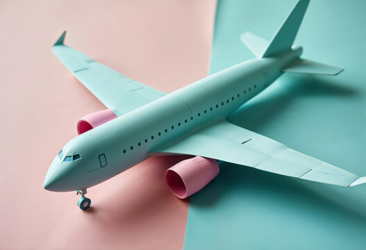 A creative airplane model in pastel shades of blue and pink resting on a split background, ideal for travel and transportation themes.