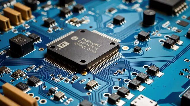 A detailed view of a circuit board featuring microchips and components, highlighting technology and precision in electronics