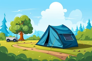 Naklejka premium Fully equipped outdoor campsite featuring a tent and caravan for adventurous getaways