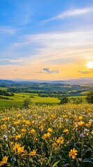 Fototapeta premium A panoramic view of sunlit flower fields stretching into the horizon, perfect for nature enthusiasts
