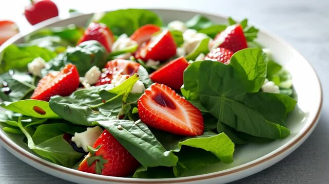 A vibrant salad with fresh strawberries and spinach, showcasing colorful ingredients in an appealing arrangement