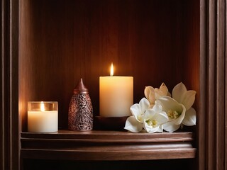 Warm candlelight illuminating a wooden shelf adorned with decorative candles and delicate white flowers in a cozy setting