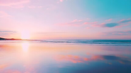 A scenic view of a beach at sunrise, with vibrant colors reflecting on the water and a calm atmosphere