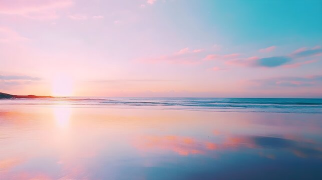 A scenic view of a beach at sunrise, with vibrant colors reflecting on the water and a calm atmosphere
