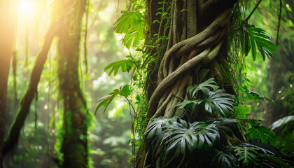Lush Vines- A Close-Up of Thick, Twisting Vines Clinging to a Tree Trunk