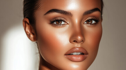 Close-up of a woman's face, highlighting her glowing, flawless skin and deeply expressive eyes in soft, warm lighting.