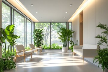 Fototapeta premium Serene and Calming Medical Clinic Interior with Natural Lighting and Vibrant Potted Plants