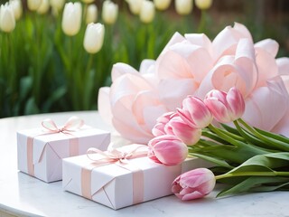 Delicate pink tulips and gift boxes arranged beautifully in a serene garden setting during springtime