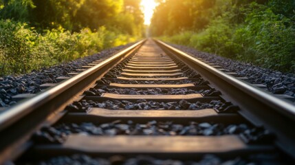 High-resolution close-up of railway tracks with sunlight glinting off the metal rails, set against a background of lush green vegetation.