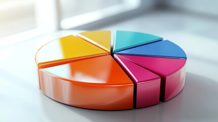 Obraz premium High-resolution image of a 3D pie chart with gradient colors and glossy finish, presenting data with a polished and eye-catching appearance.