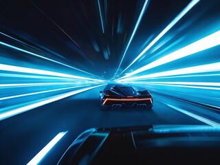 A futuristic car races through a neon-lit tunnel with vibrant blue lights illuminating its streamlined design at night