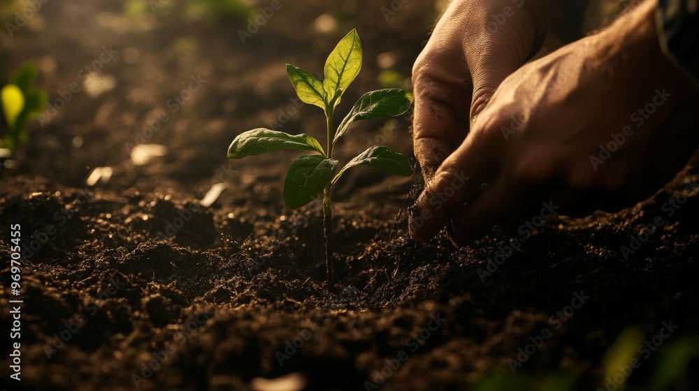 Poster high-resolution image of a gardener planting a sapling in a garden bed, showing detailed soil prepar