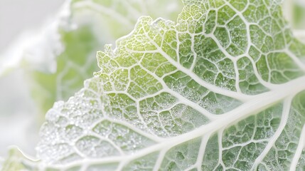 Obraz premium Close-up of dew-kissed kale leaves, highlighting the intricate patterns and veins against a soft pastel backdrop
