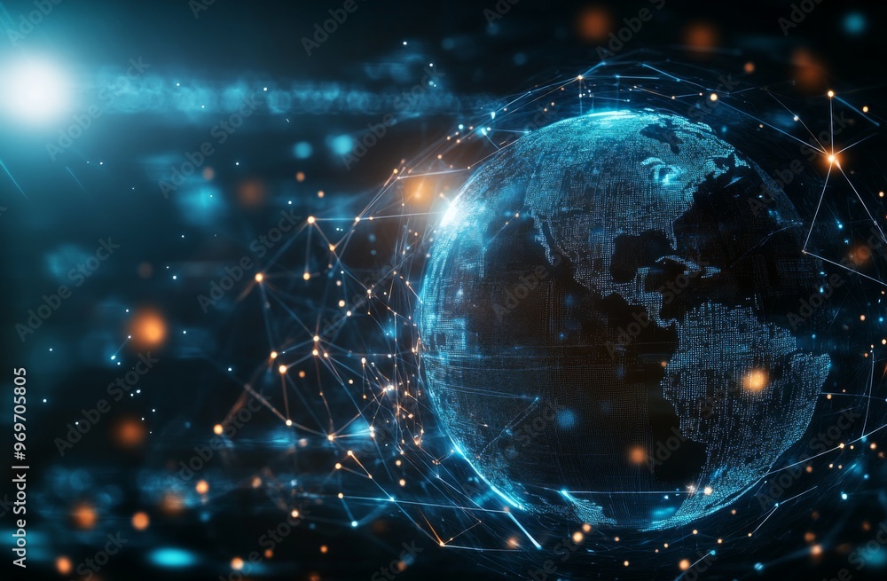 Poster globe surrounded by digital connections representing global technology interconnections, with dark b