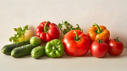 A vibrant arrangement of fresh tomatoes, cucumbers, and bell peppers on a light solid color background, showcasing the beauty of garden vegetables