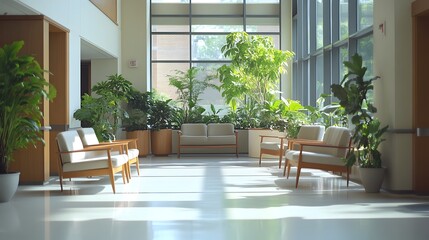 Fototapeta premium Calm,Serene Hospital Atrium with Natural Light and Wellness-Promoting Furnishings