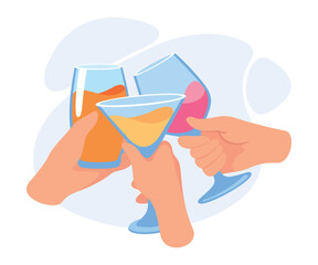Glass with Cocktail Drink in Hands Clinking Together Vector Illustration