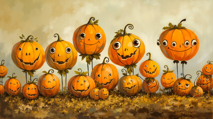 A group of pumpkins with faces painted on them in a field