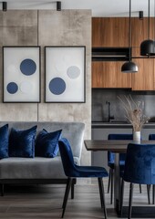 Elegant Gray and Wood Tone Kitchen Interior with Contemporary Furniture and Decor