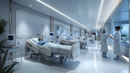 Modern Well-Equipped Hospital Ward with Patients and Attending Medical Staff